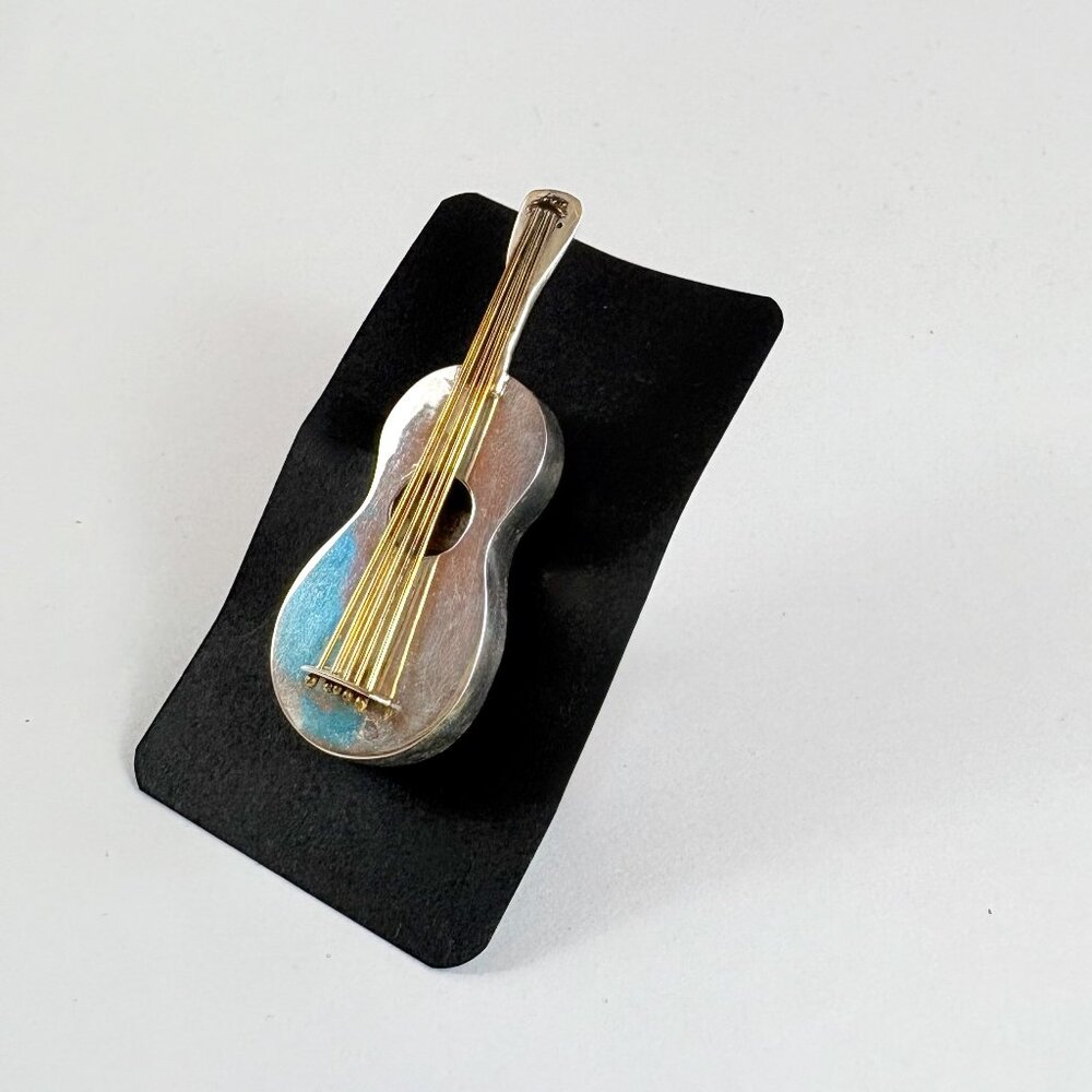 .925 Sterling Silver Guitar Brooch